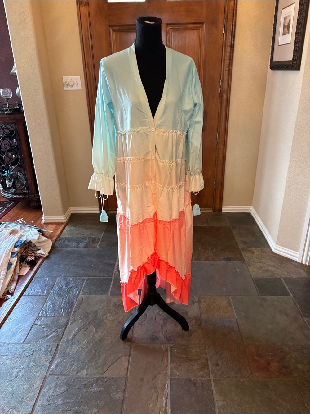 Colorblock Tie-Front Maxi Dress - Mint, Cream & Coral